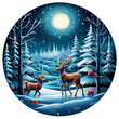 © Md Shahjahan - 3d Christmas winter round sublimation sign, deer in the night forest, bright moon, winter night scene, snowflake