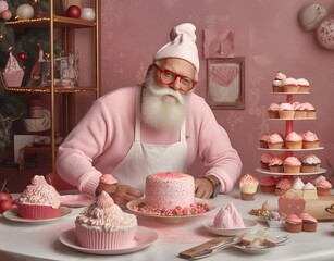 Wall Mural - Santa Claus happy smiling, in pink clothes, trendy Santa Claus, on pink background