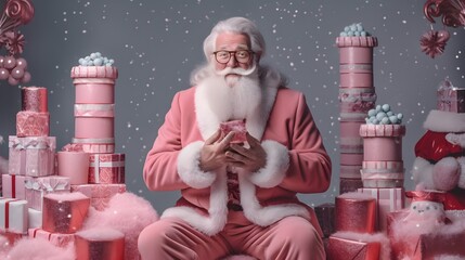 Wall Mural - Santa Claus happy smiling, in pink clothes, trendy Santa Claus, on pink background