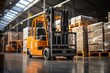 © sirisakboakaew - A large retail warehouse filled with shelves with goods stored on manual pallet trucks in cardboard boxes and packages. driving a forklift in the background Logistics and distribution facilities