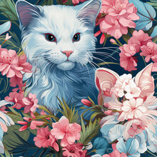 Seamless Pattern With Cat And Flowers. Generative AI