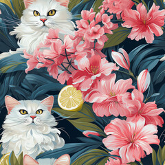 Sticker - seamless pattern with cat and flowers. Generative AI