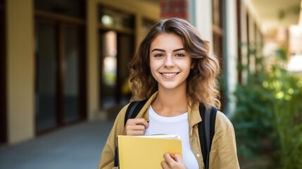 Canvas Print - Pretty Young Woman Embracing Knowledge: Holding Books at School Door