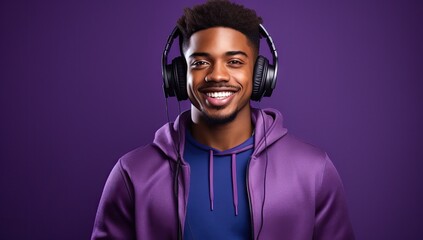 Modern and cool african american man listening music on headphones with smiley and happy attitude