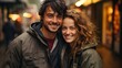 © Banana Images - happy couple smiling bonding together, during winter travel street, discovering places together
