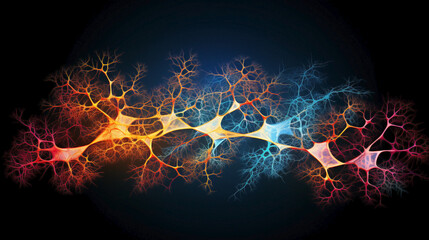 Wall Mural - Neurological fireworks: a symphony of colors in the human brain. Group of neurons making synaptic connections.