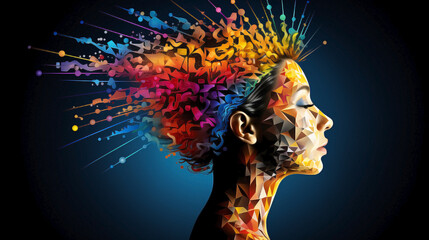 Wall Mural - Mind's fireworks: sparks of brilliance across neurodiversity. Explosion of thought in the form of bright colors coming from the head of a young woman.