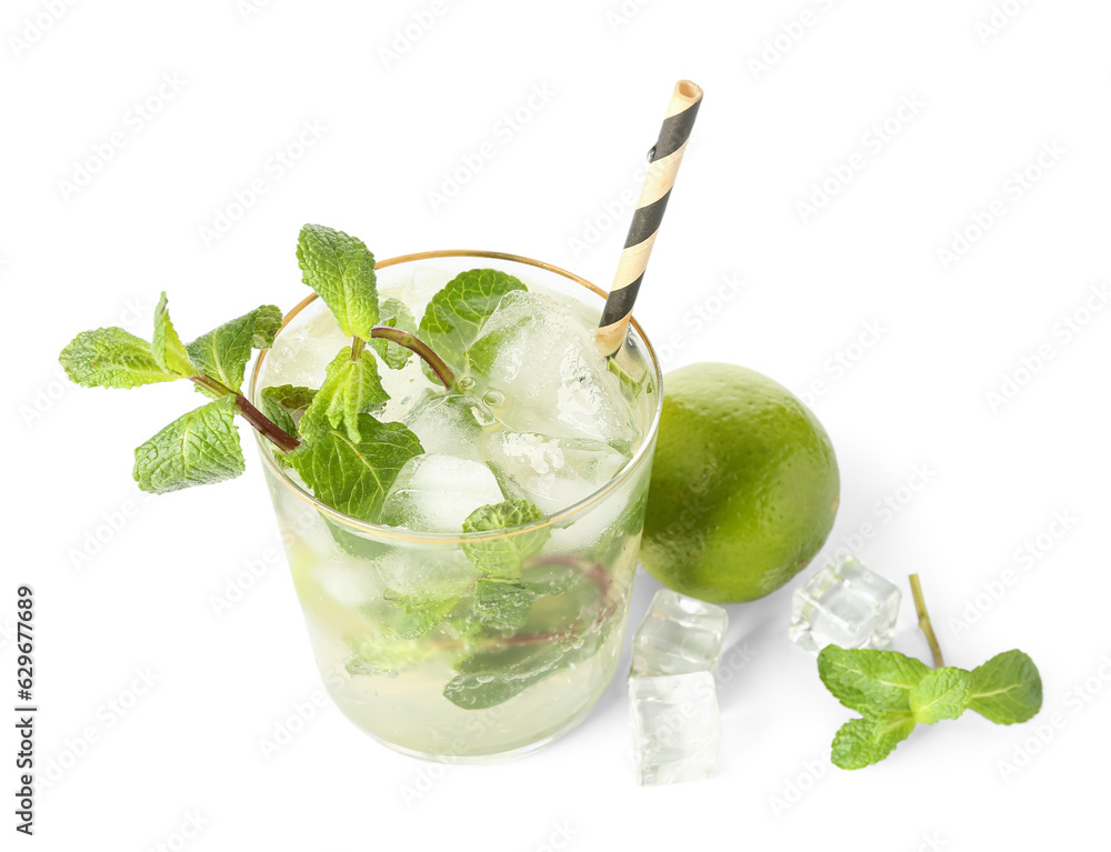Glass of tasty mojito isolated on white background
