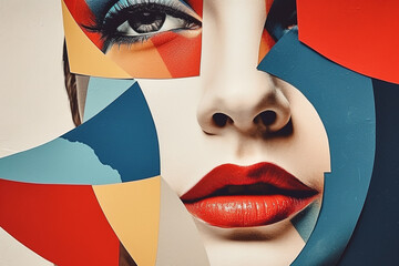 Wall Mural - Beauty, fine art, fashion concept. Abstract modern art collage of woman portrait made of various and colorful geometric shapes. Generative AI