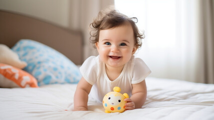 Poster - Adorable baby smiling while holding a toy in her hand