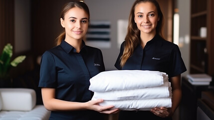 Sticker - Beautiful young hotel chambermaid in uniform, bringing fresh towels