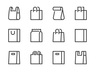 shopping bag and shopper variations vector line icons. paper market pack and grocery handbag outline