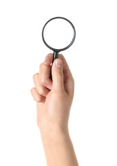 Wall Mural - Female hand with mini magnifier isolated on white background