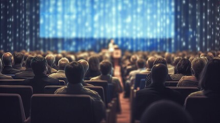 blurred soft of seminar room for background filled with people attending a speech about business
