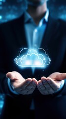 Cloud computing storage and database symbol, hands holding sign, futuristic internet concept