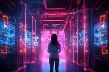 Successful Female Data Center IT Specialist Using Tablet Computer, Turning Augmented VFX Visualization on Server Farm Cloud Computing Facility. System Engineer Working for Cyber Data Security Company.