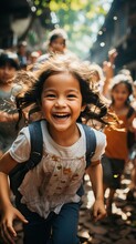 Asian Kids On The Way To School, Backpacks, Super Happy Bonding Together, Candid Image