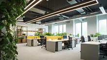 Spacious Open Space Office With Modern Furniture, Office Chairs, Work Desks, Green Natural Plants And Led Lighting, Workspace Organization Concept