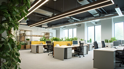 spacious open space office with modern furniture, office chairs, work desks, green natural plants and led lighting, workspace organization concept