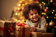 Small Cute Child Holding Present Gift Box With Red Ribbon,giving Receiving Presents On Holiday Event