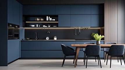 modern dark blue kitchen minimalist interior, generative ai