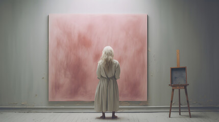 A woman painter stands in front of the large canvas with the pink abstract painting. Next to her is an easel