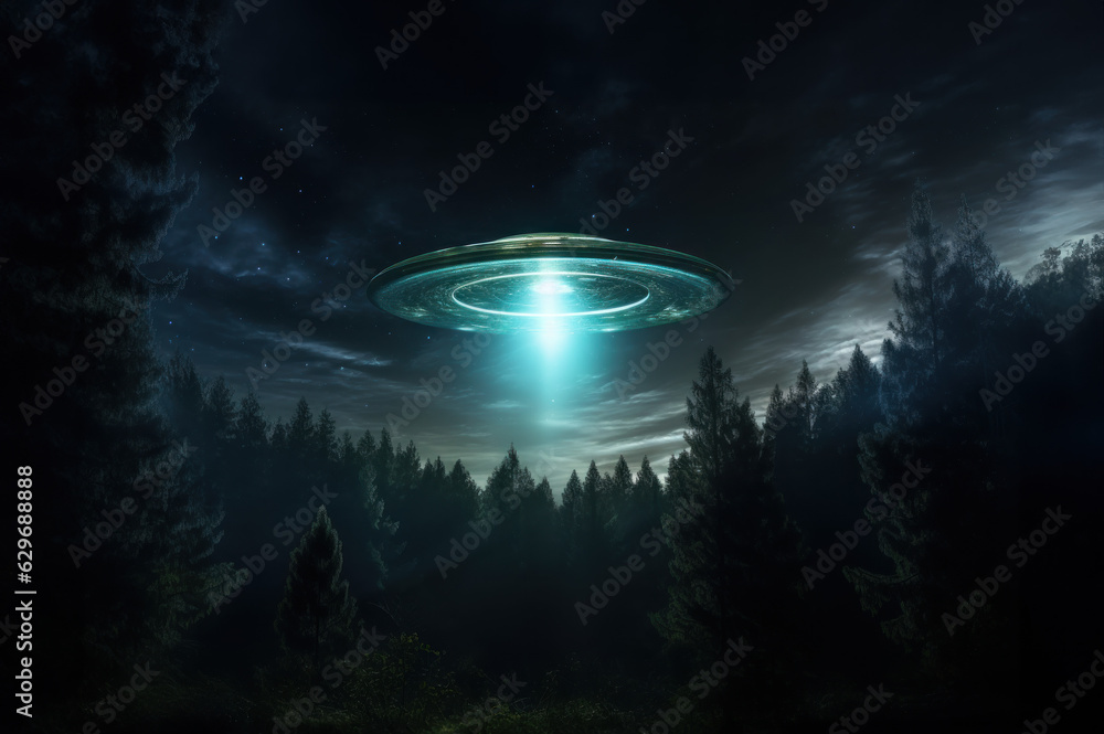 Eerie alien ufo abduction lit up in the night sky created with ...