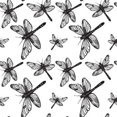 Wall Mural - Dragonfly monochrome irregular seamless pattern. Black insects repeat on white background. Engraving style. Vector illustration.