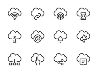 Poster - Cloud Computing Services and Configurations vector line icons. Online Storage Preferences outline icon set. Cloud Connection, Worldwide Center, Performance, Information, Response Time and more.