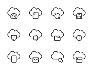 Poster - Cloud Computing Services and Configurations vector line icons. Online Storage Preferences outline icon set. Cloud File Management, Data Transfer, Performance, Information, Save and more.