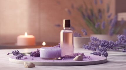  Contemporary Spa Scene with Lavender Bath Salt and Massage Oil. AI generated