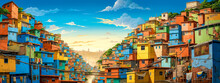 Favelas Architecture, Colorful Houses Of Poor People In South America, Banner Made With Generative AI