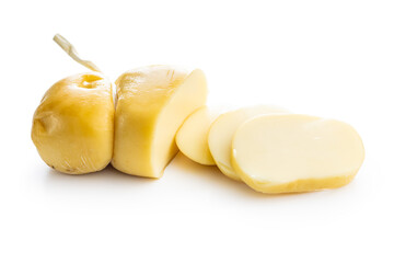 Wall Mural - Smoked scamorza cheese isolated on white background.