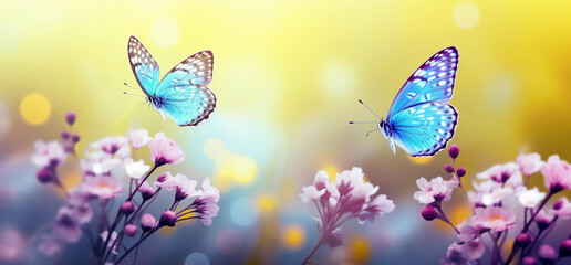 Wall Mural - Macro of beautiful butterfly flying near flowers in spring at sunrise on light background. Banner, copy space