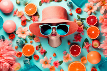 Female Head In Hat And Glasses Peeks Out Through Blue Background Surrounded By Flowers And Fruits.
