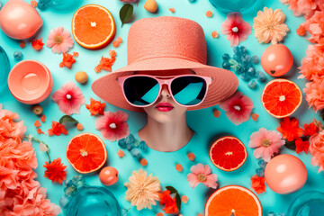 female head in hat and glasses peeks out through blue background surrounded by flowers and fruits.