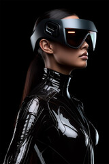 a beautiful athletic girl with a vr headset and a black latex suit, immersed in virtual reality and 