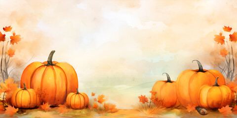 Wall Mural - Aquarelle card background illustration with autumn pumpkins, ai generated