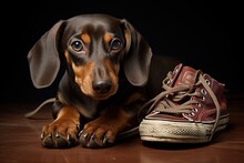 Dachshund Dog And Shoes, Close Up View.