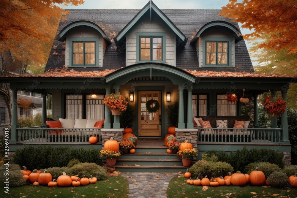 Cute and cozy cottage with fall decorations, pumpkins on the front ...