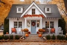 Cute And Cozy Cottage With Fall Decorations, Pumpkins On The Front Porch.