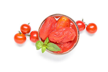 bowl with canned and fresh tomatoes on white background