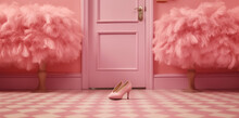 Elegant Women's Shoes On A Fluffy Pale Pink Carpet In A Pink Dressing Room Interior. Dolly Style