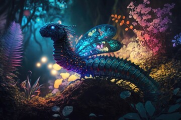 Wall Mural - Fantasy dragon in a dark forest with flowers