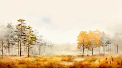 Sticker - Digital painting of autumnal forest in misty morning. Panoramic image