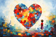 World autism awareness day concept. An autistic girl painting a heart of many colors. Generative AI.
