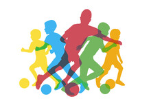 Silhouettes Of Soccer Players Boys, Kicking Ball. Vector Illustration