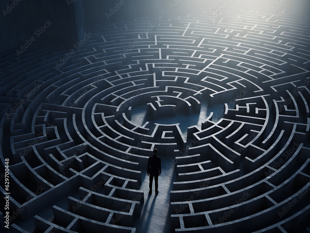 Business problem solving, Businessman stand in front of maze entrance, making decision, finding solution and challenge concept, Generative AI