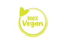 Vegan 100% Sign, Label, Sticker, Text Design With Green Line Contour And Heart, White Background