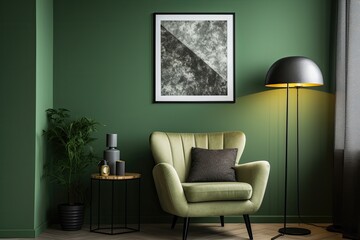 Wall Mural - The background of the living room is adorned with a green colored wall, accompanied by a decorative chair in a shade of grey. A lamp stands on a middle table, which is also adorned with a frame